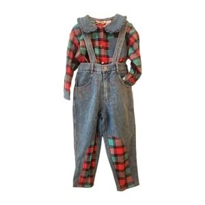 Vtg NOS Bonjour 4 Pink Plaid Shirt Ruffle Collar Denim Pants Overalls 2 pc Set